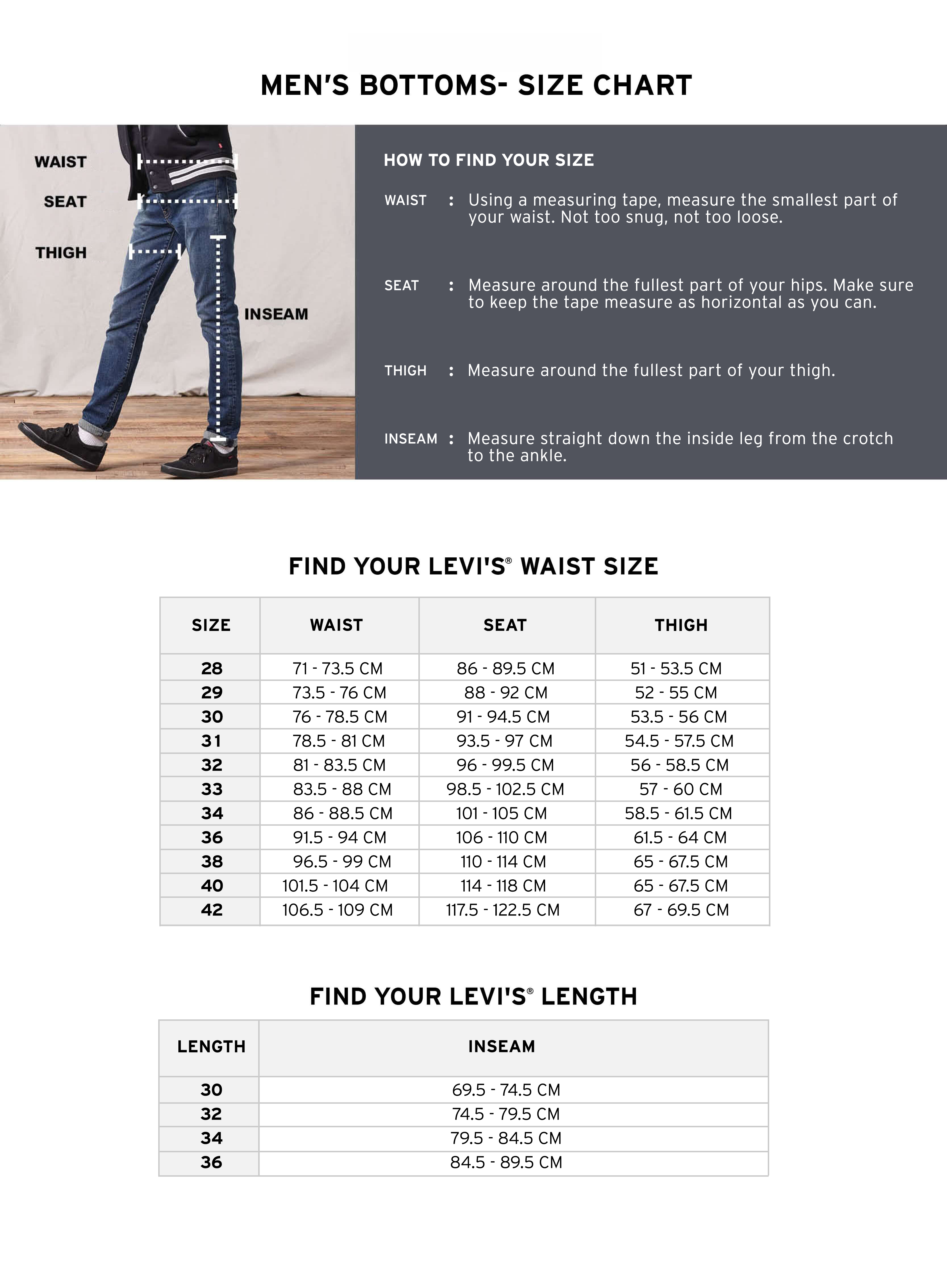 Levi mens 2025 pants size chart